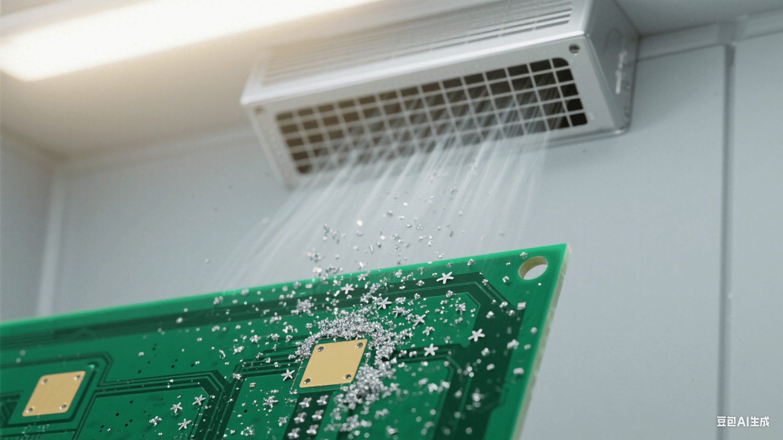 带静电的PCB表面微距,深绿色阻焊层上吸附着大量0.1-0.5μm的银色金属粉尘(呈星点分布),相邻两个金色焊盘间被粉尘连接,形成隐性通路。 带静电的PCB表面微距,深绿色阻焊层上吸附着大量0.1-0.5μm的银色金属粉尘(呈星点分布),相邻两个金色焊盘间被粉尘连接,形成隐性通路。