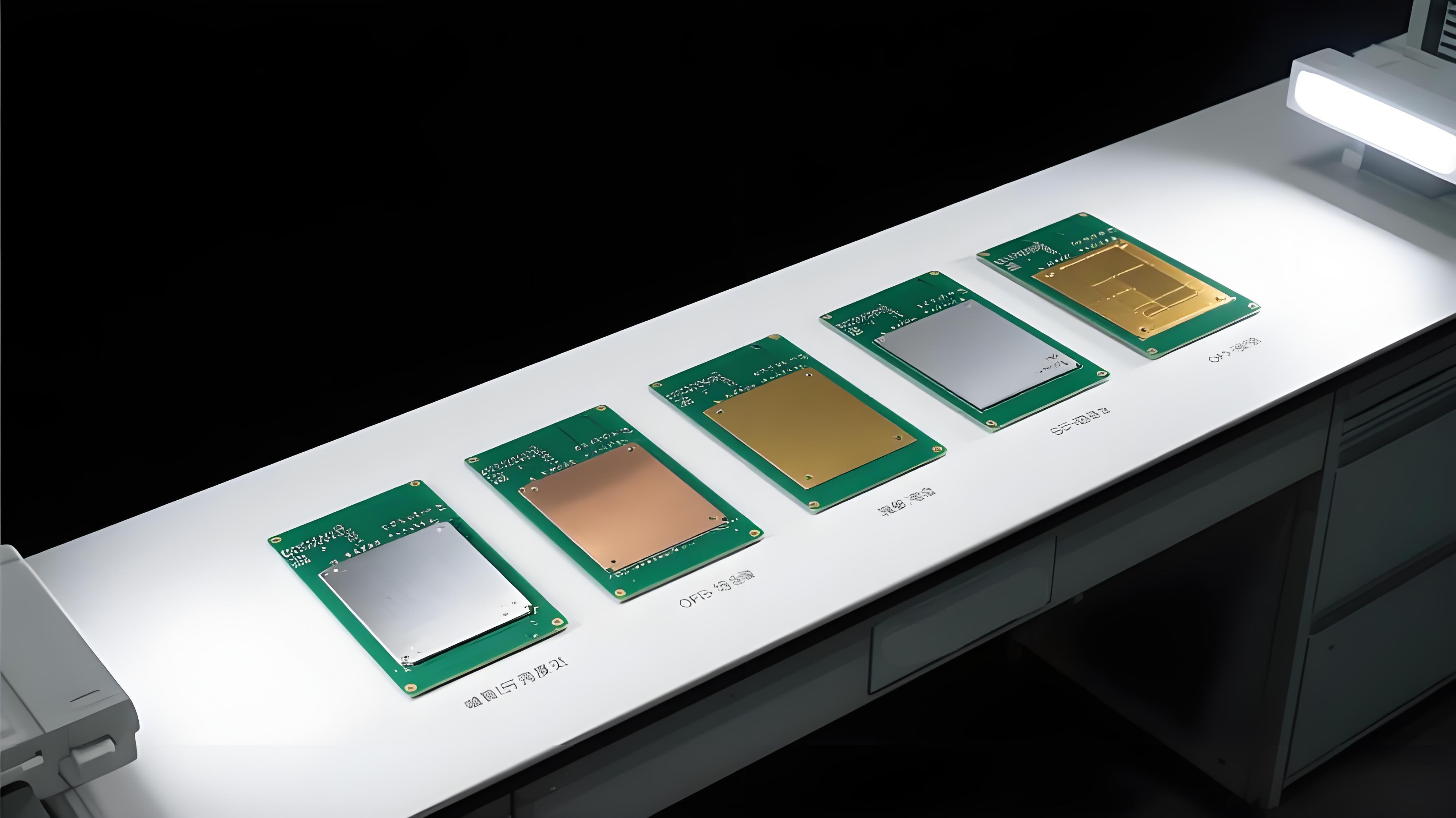 PCB不同表面处理工艺样板对比,展示喷锡、OSP、沉金、沉银等工艺外观差异.jpeg