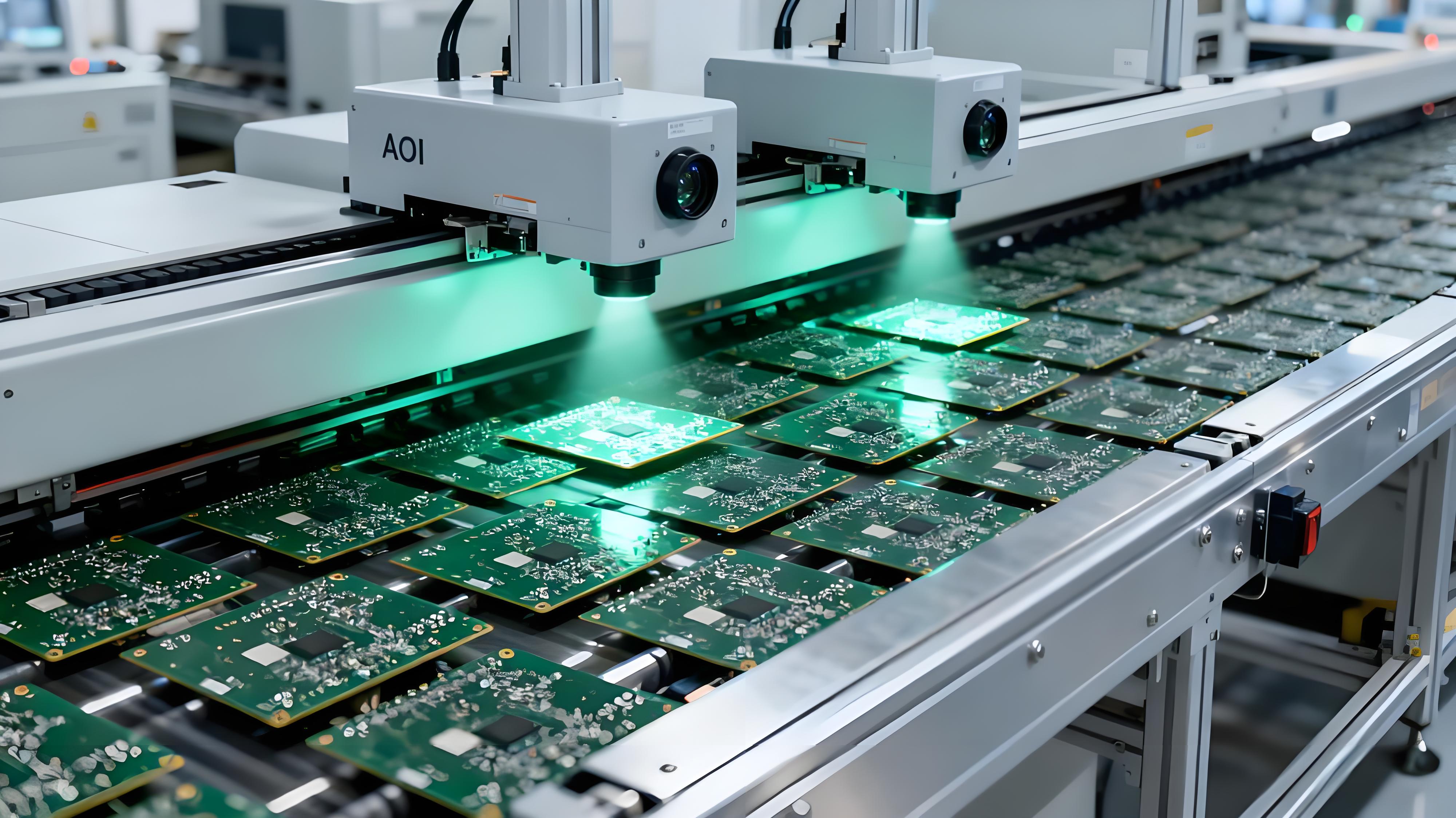 PCB量产AOI在线测试场景,银灰色传送带运送多片PCB实现高速检测.jpeg