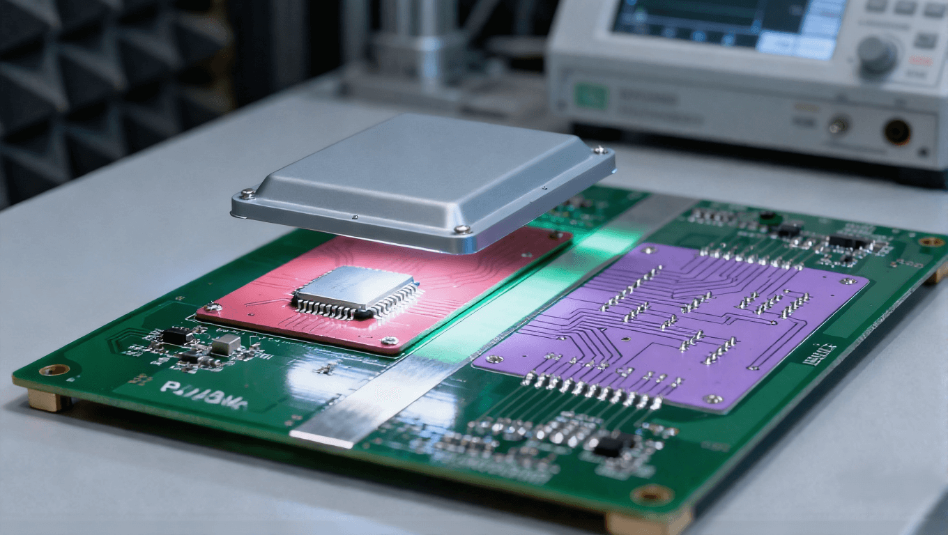 射频前端 PCB 信号隔离场景,接地隔离带 + 屏蔽罩分隔射频与数字区防串扰.png