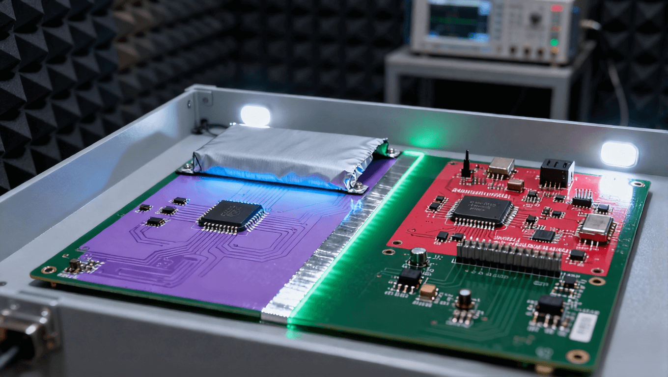PCB传感器抗干扰场景,接地隔离带+屏蔽罩使串扰噪声降至8mV.png