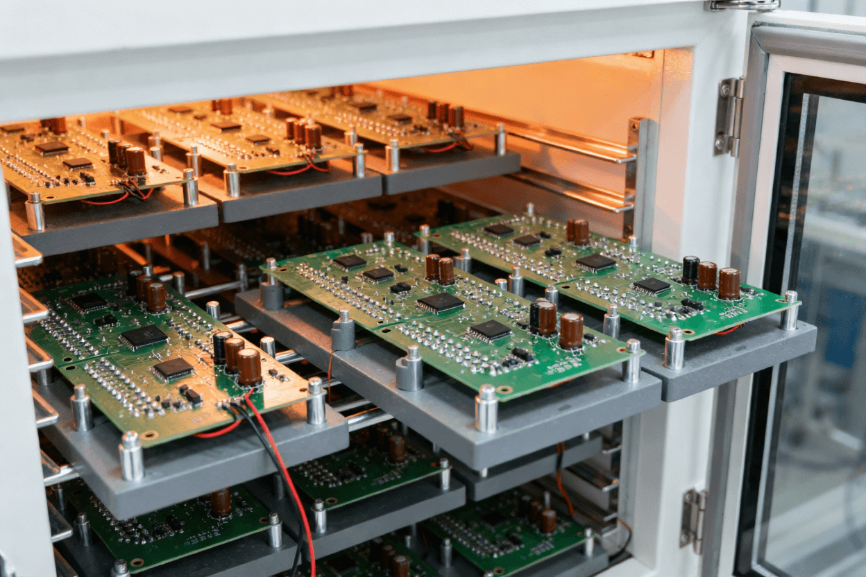 PCB老化测试 高温老化房内部场景 绿色PCB板固定在金属工装夹具.png