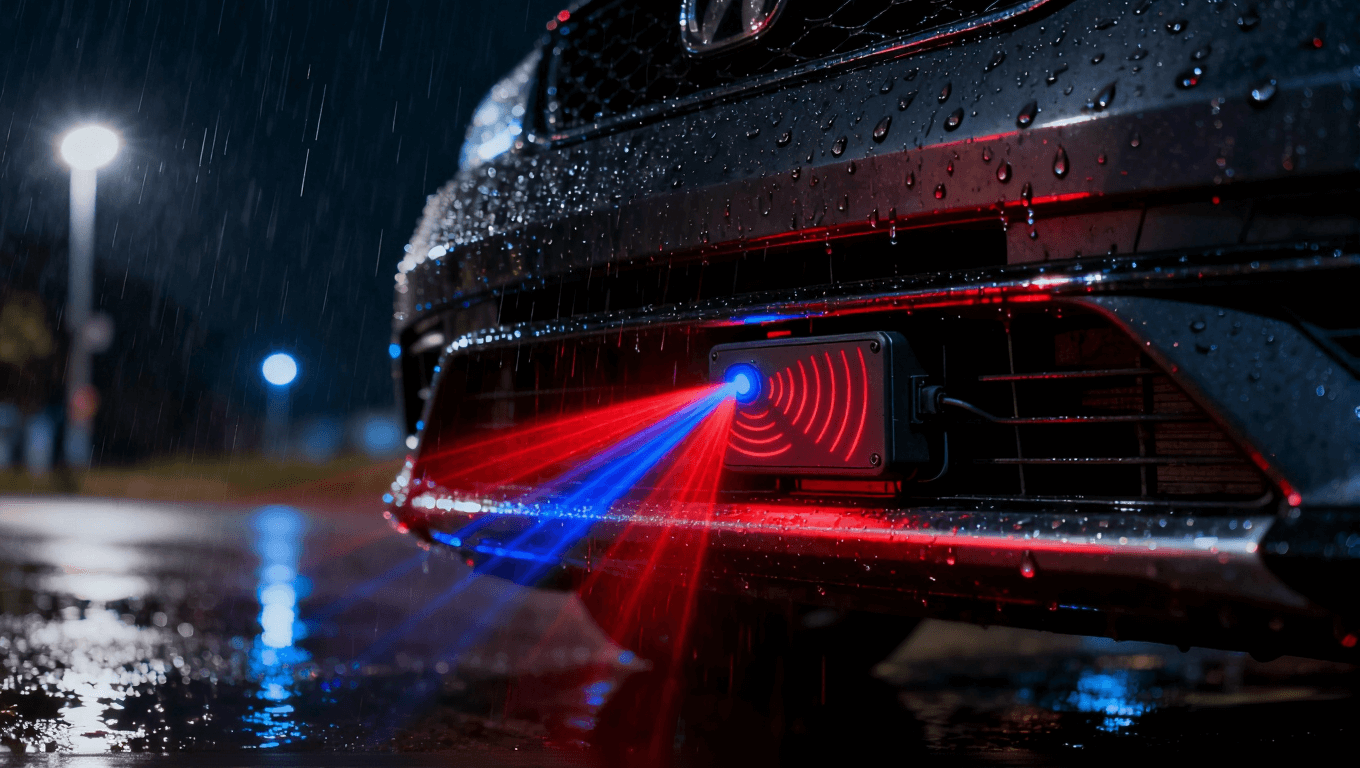 车载雷达模块在雨夜中工作,发射红蓝波束,体现其在恶劣环境下的可靠性.png