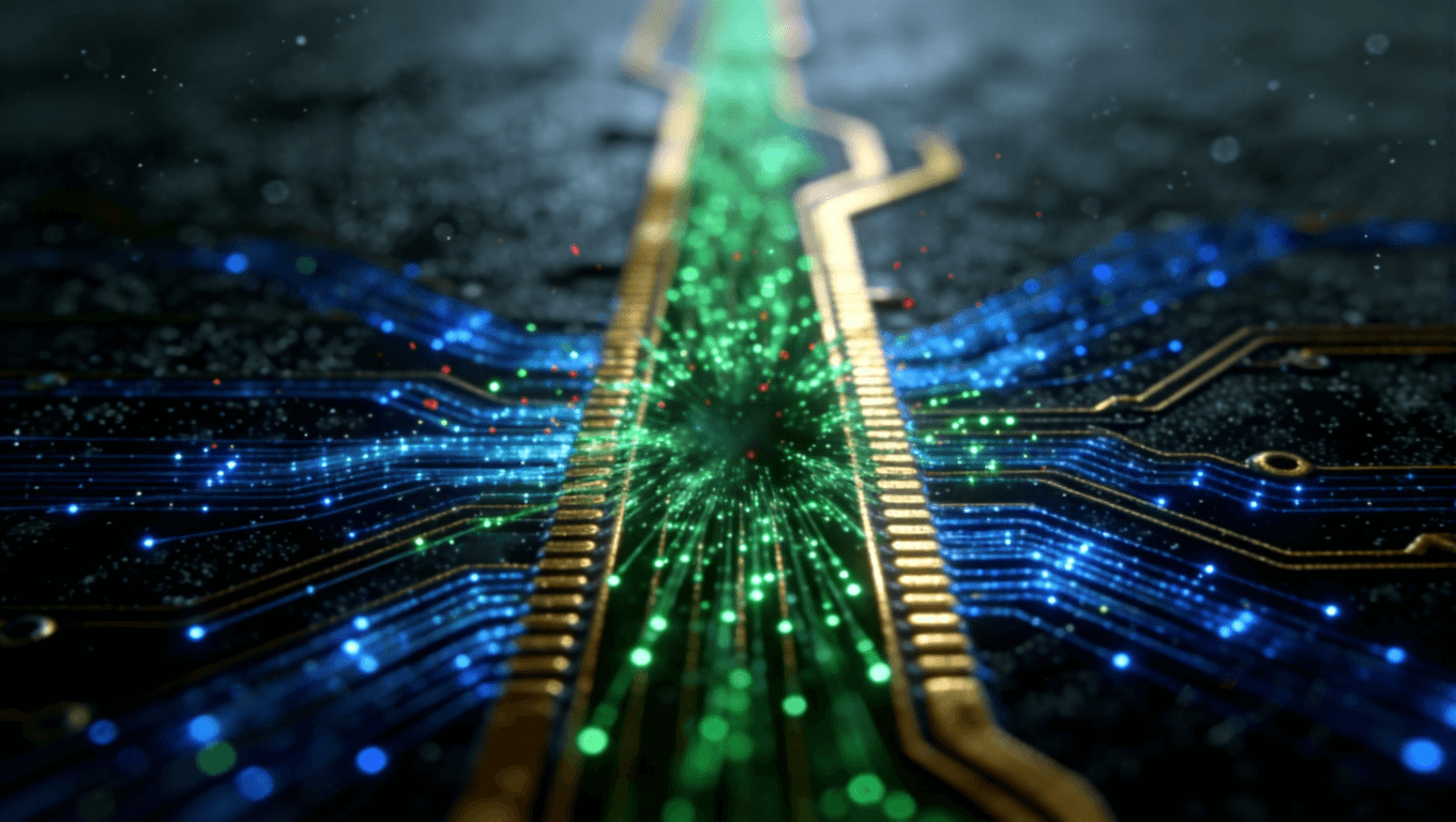PCB板上高速数据流与干扰相撞导致信号湮灭的抽象视觉图.png