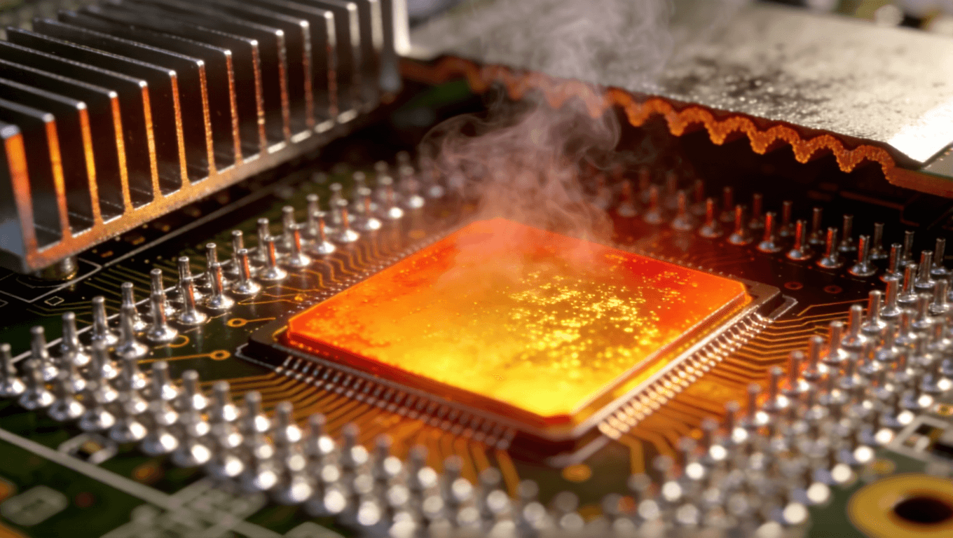 PCB热管理设计示意图,展现芯片散热与热过孔阵列结构.png