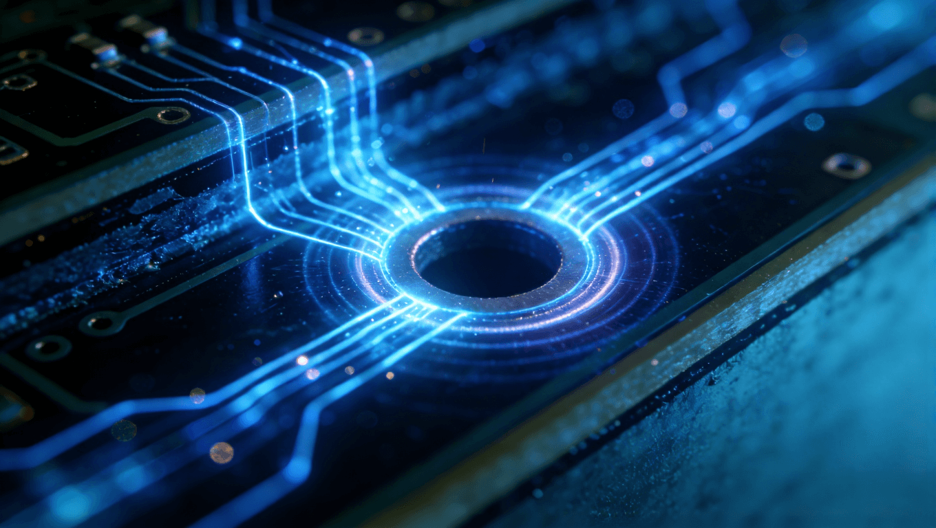 高频信号在光模块PCB过孔中传输的抽象可视化,体现信号完整性与阻抗匹配概念.png
