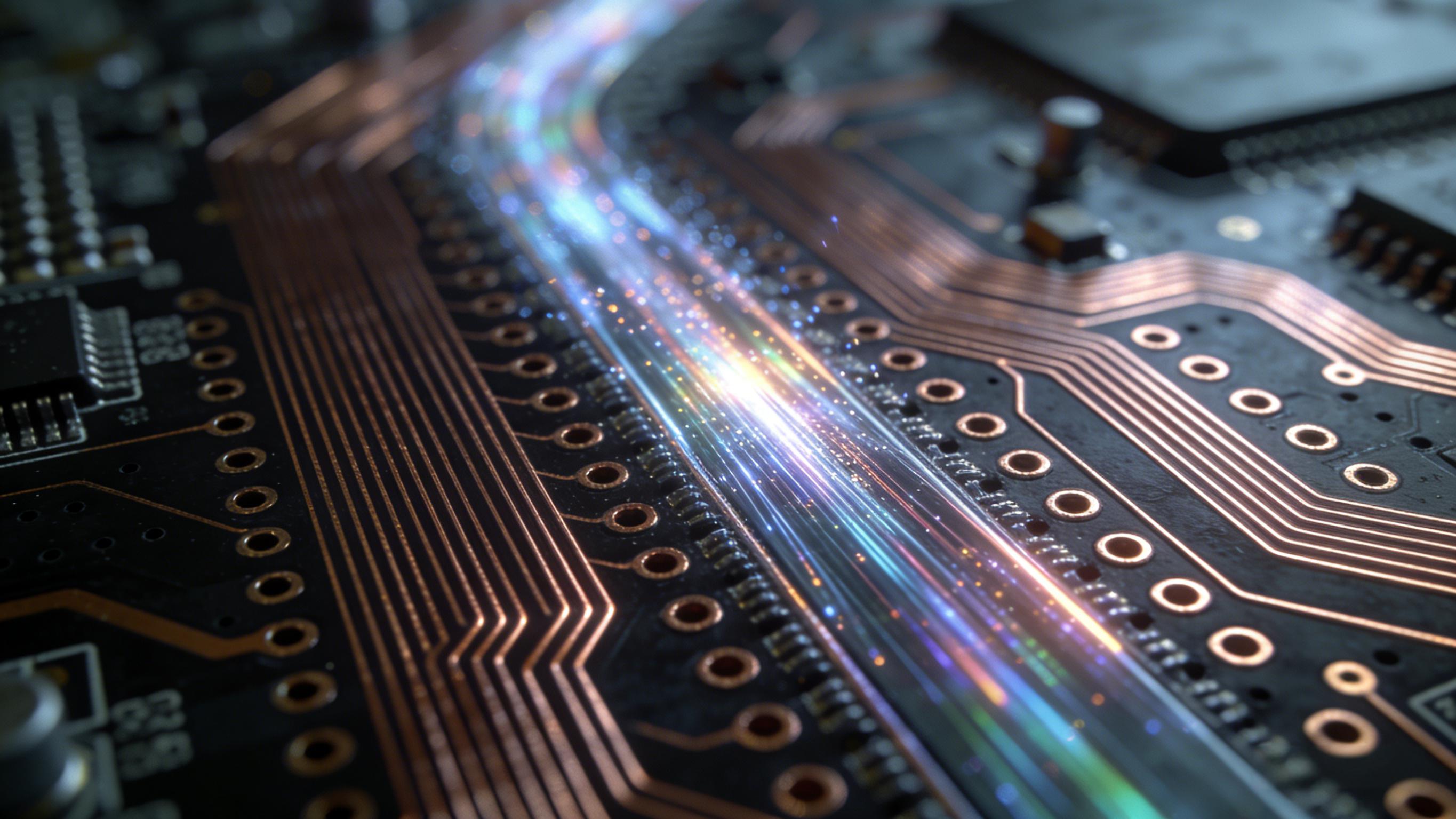 微距下CPO光模块PCB板上高速差分信号走线与接地过孔阵列的精密布局.jpeg