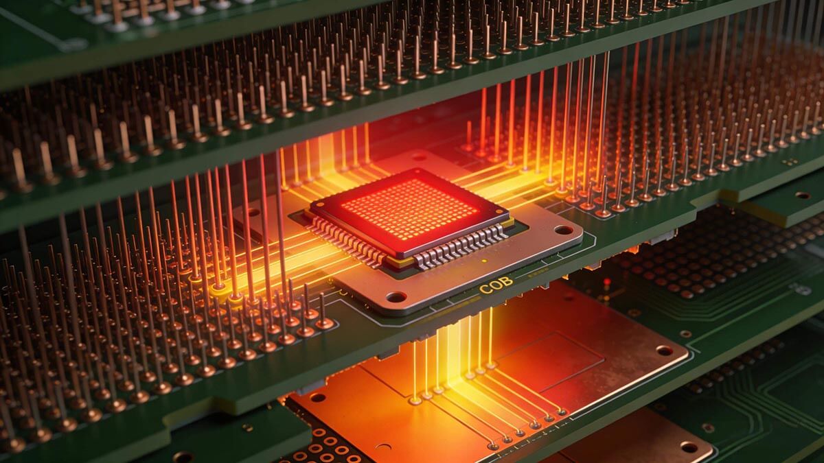 COB封装光模块PCB散热结构剖视图,展示热过孔阵列与内部铜层的高效导热路径.jpeg