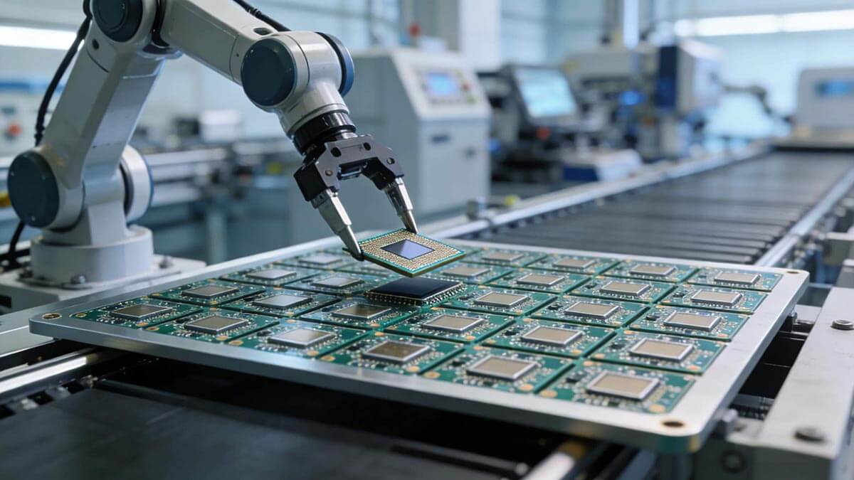 自动化产线机械臂贴装COB封装光模块PCB场景,体现规模化量产与成本效率优势.jpeg