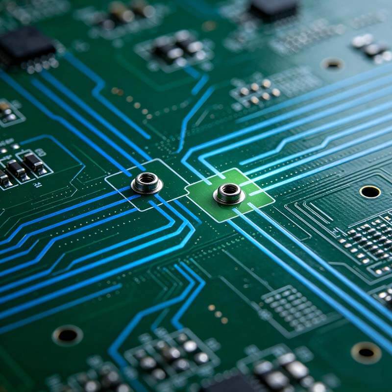镀通孔设计DFM实用准则:高速PCB表面走线层中信号过孔与紧邻放置的回流地孔实物微距俯拍图.jpeg