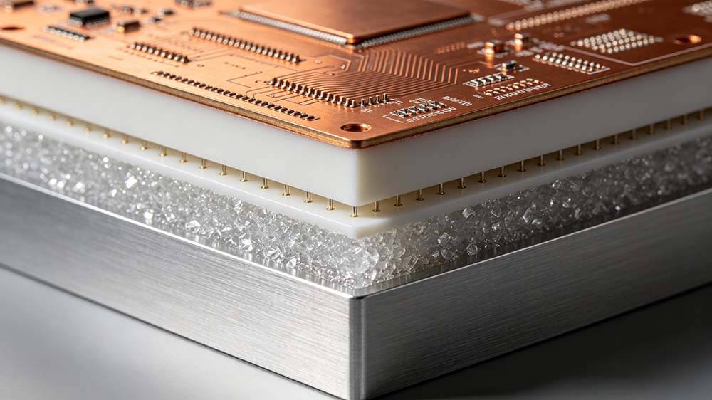 铝基板与铜基板散热效果对比图,金属芯PCB剖面展示绝缘介质层与金属基材的热传导关系.jpeg