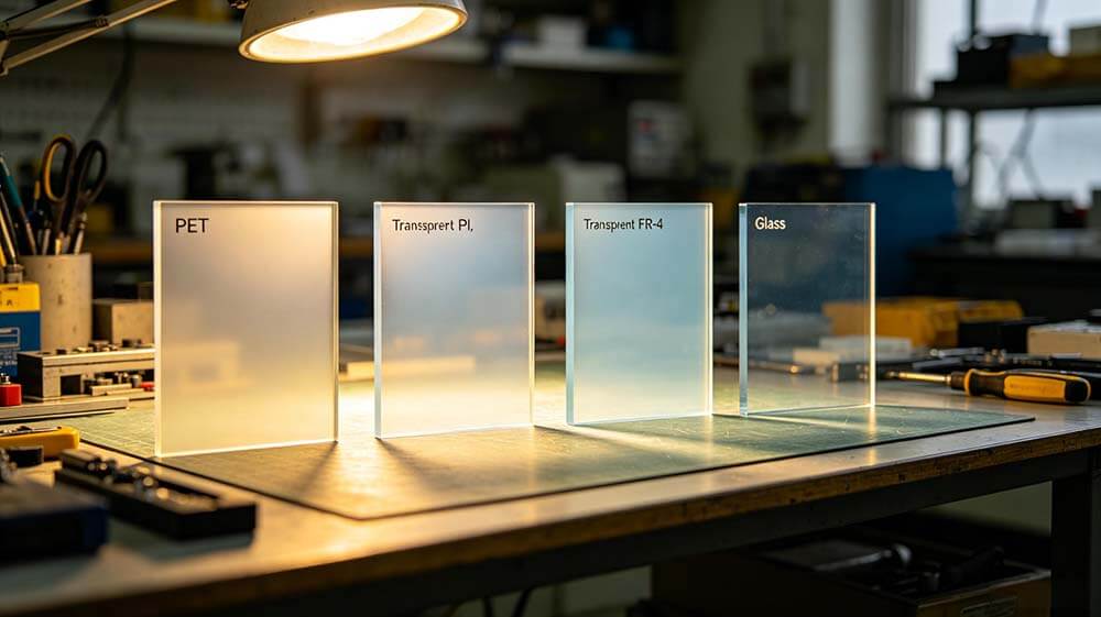 透明PCB基材对比:PET、透明PI、透明FR-4与玻璃基板透光效果并排展示.jpeg